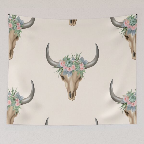 Item preview, Cow Skull and Crown succulents plant and leaves pink roses designed and sold by Collagedream.