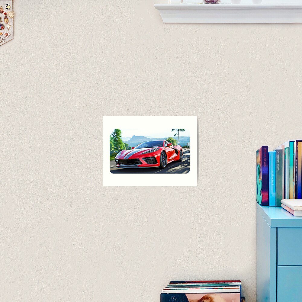 "Corvette C8 Cartoon Drawing Action Print" Art Print by AutoPrints