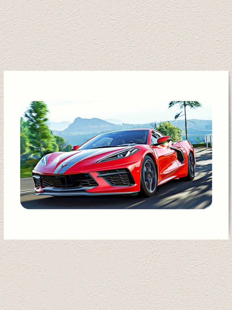 "Corvette C8 Cartoon Drawing Action Print" Art Print by AutoPrints