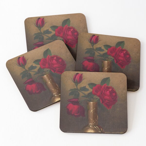 Item preview, Red Roses in a Japanese Vase on a Gold Velvet Cloth (1885-1890) - Martin Johnson Heade designed and sold by SALON DES ARTS.