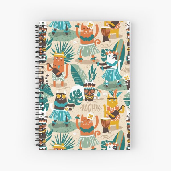 Item preview, Secret Hawaiian beach party // ivory sand background greige shadows gold drop orange goldenrod yellow dark oak brown and white cats jade and pine green tropical vegetation peacock blue summery details designed and sold by SelmaCardoso.