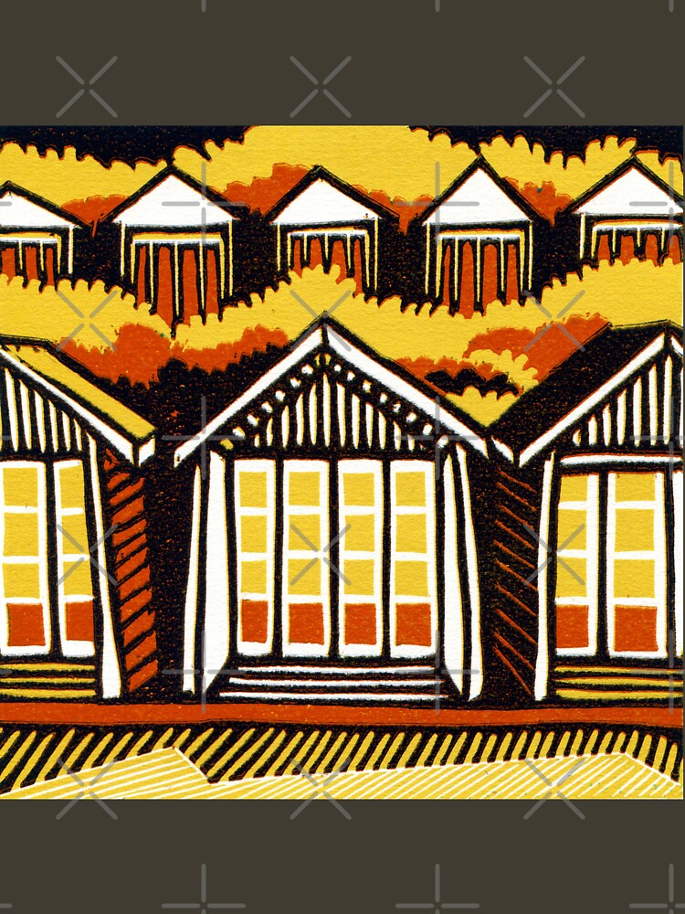 Beach Huts - Summer - Original Linocut by Francesca Whetnall by Cecca-Designs