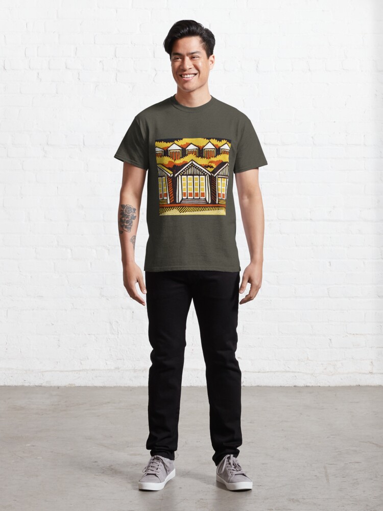 Alternate view of Beach Huts - Summer - Original Linocut by Francesca Whetnall Classic T-Shirt