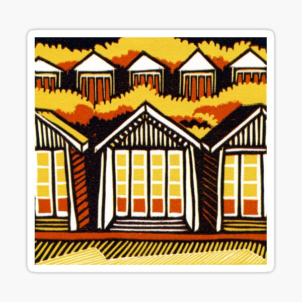 Beach Huts - Summer - Original Linocut by Francesca Whetnall Sticker