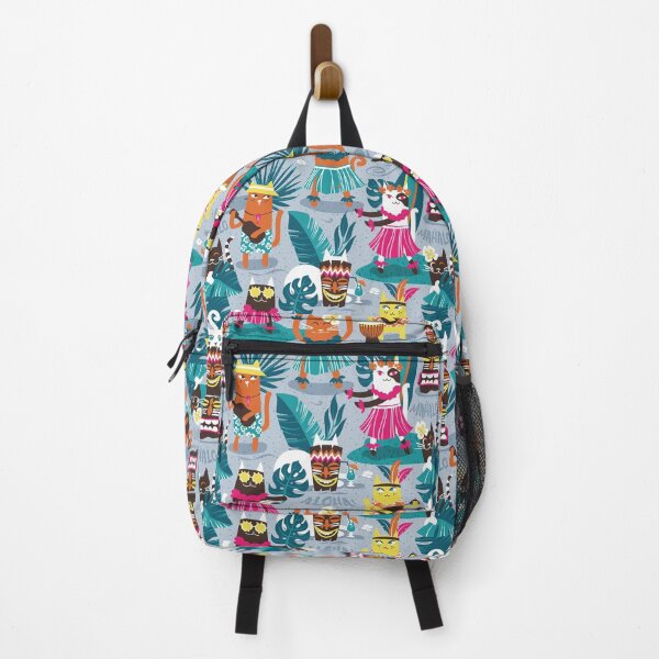 Item preview, Secret Hawaiian night beach party // pastel blue background gold drop orange illuminating yellow dark oak brown and white cats peacock and blue lagoon tropical vegetation fuchsia pink summery details designed and sold by SelmaCardoso.