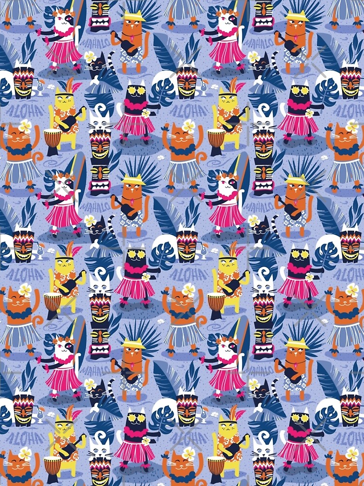 Secret Hawaiian night beach party // indigo blue background gold drop  orange illuminating yellow oxford blue and white cats classic blue tropical  vegetation fuchsia pink summery details" A-Line Dress for Sale by