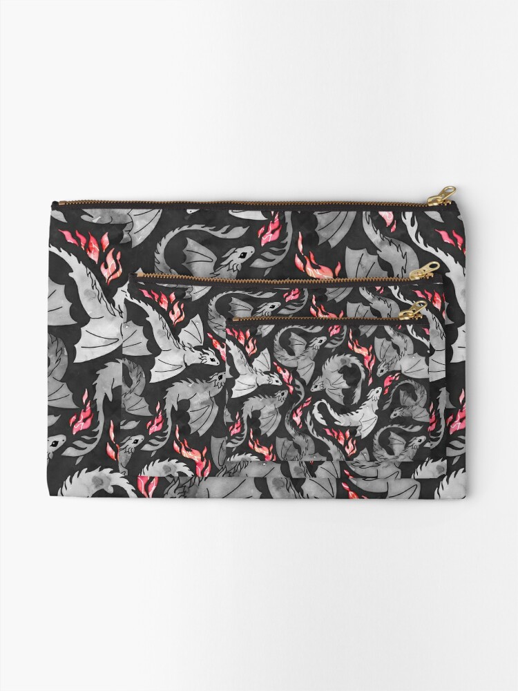 Zipper Pouch, Dragon fire dark grey and black designed and sold by adenaJ