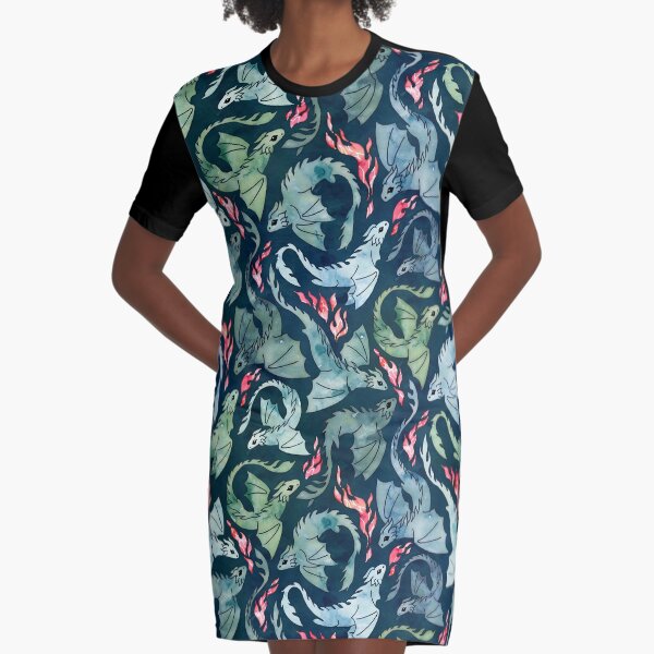 Dragon fire dark blue & green Graphic T-Shirt Dress