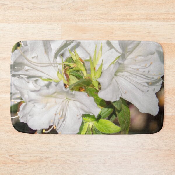 Item preview, white rhododendron flower with stamens and bright green leaves, macro photo designed and sold by nataliavavilina.