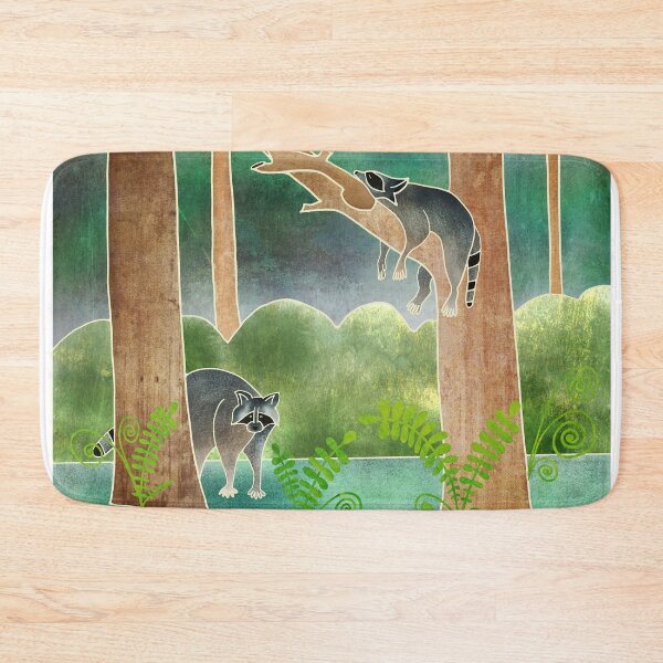 Item preview, Cute Racoons in the Forest, Batik silk painting style designed and sold by Kelly Lees.