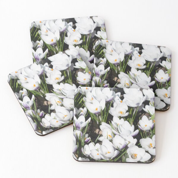 Item preview, pattern of white flowers crocuses and green leaves on a dark background designed and sold by nataliavavilina.