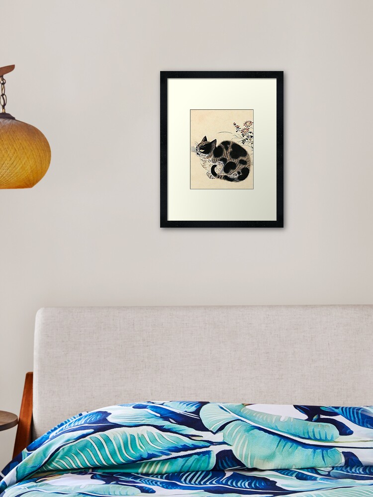 Antique Japanese Woodblock Watercolor Cat Print Framed Art Print