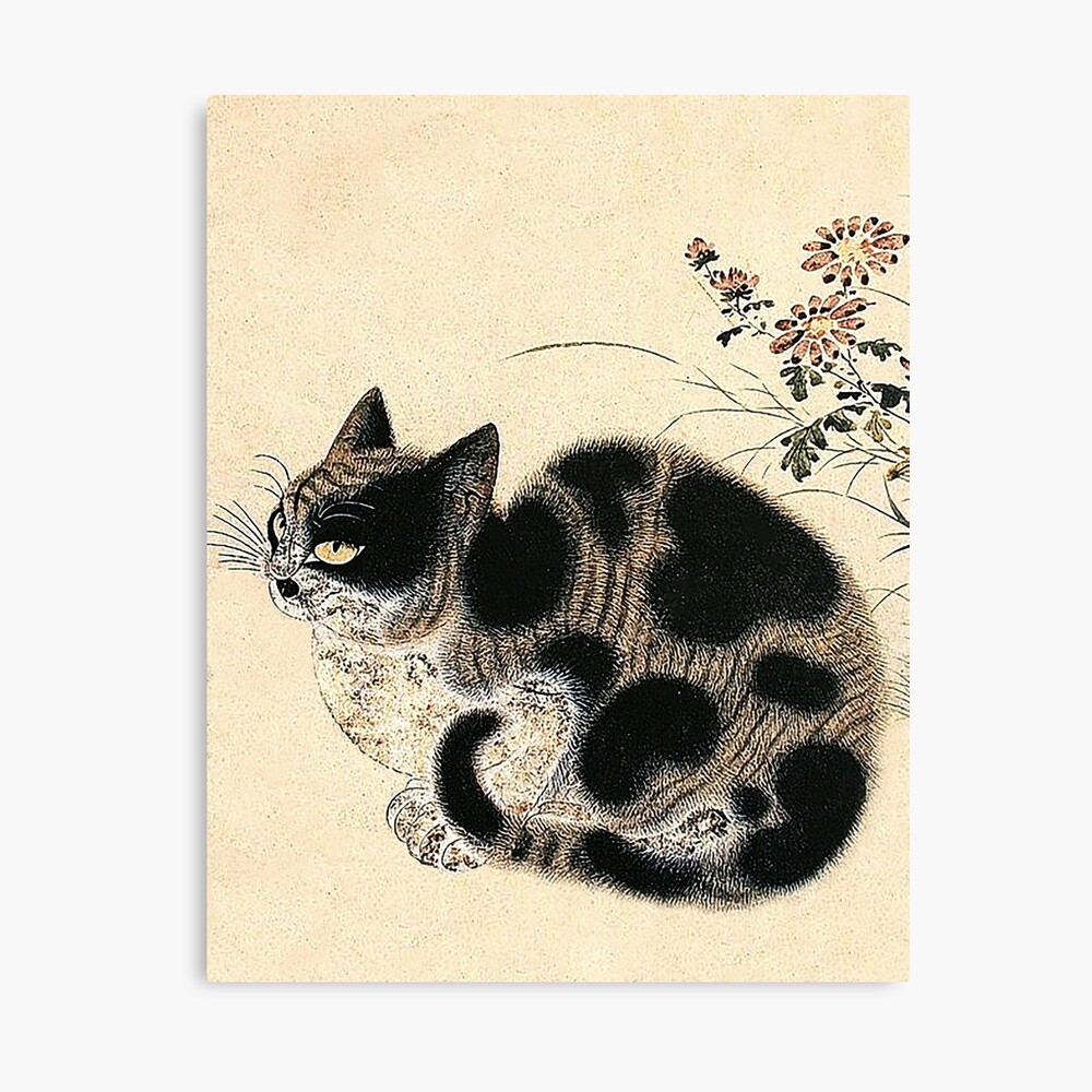 Antique Japanese Woodblock Watercolor Cat Print Framed Art Print