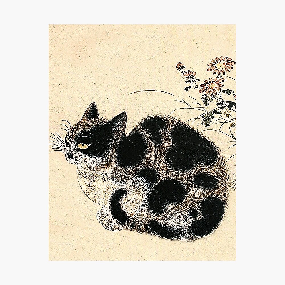 Antique Japanese Woodblock Watercolor Cat Print Framed Art Print