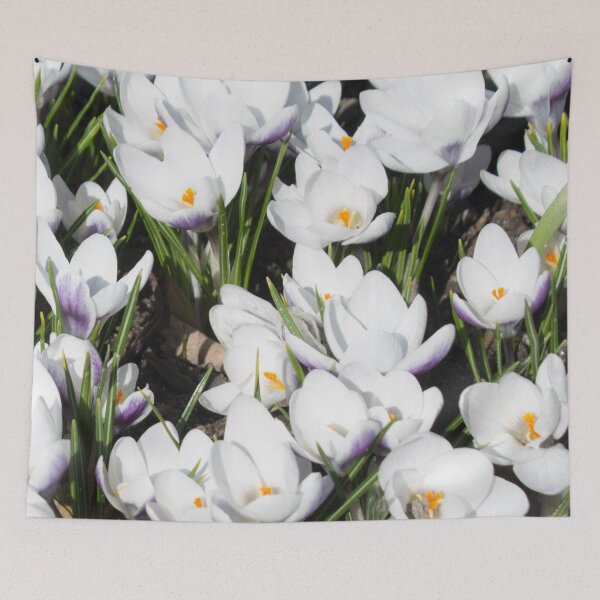 Item preview, pattern of white flowers crocuses and green leaves on a dark background designed and sold by nataliavavilina.
