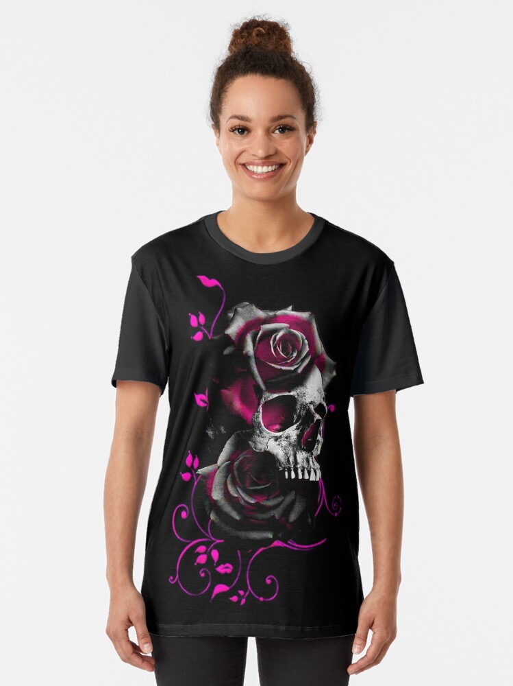 Skull with Black and Pink Roses | Graphic T-Shirt