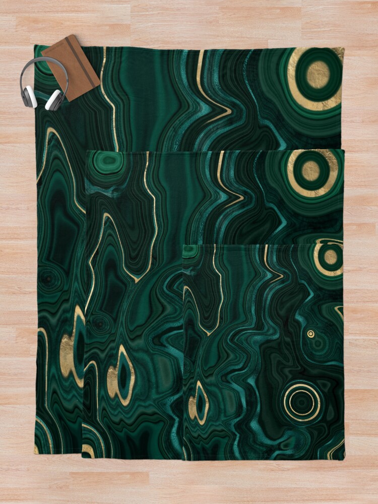 "Emerald Green and Gold Malachite Pattern" Throw Blanket by