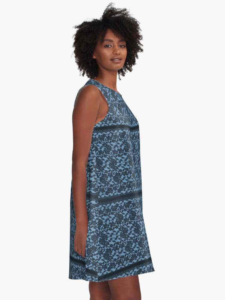 Alternate view of Beautiful Blue Spanish Lace print with blue strips A-Line Dress