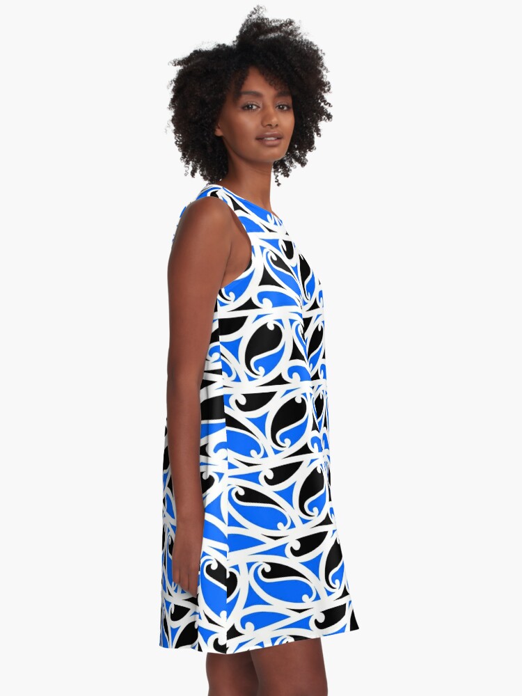 Kowhaiwhai Pattern, A-Line Dress Blue Sale Version 4, Kiwidom for Redbubble by Large\