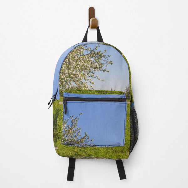 Item preview, landscape two blooming apple trees on green grass, path and blue sky designed and sold by nataliavavilina.