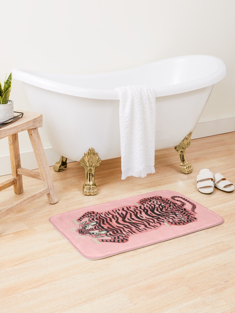 Thumbnail 2 of 6, Bath Mat, Pink Tibetan Tiger Rug designed and sold by Giddygoatthe3rd.