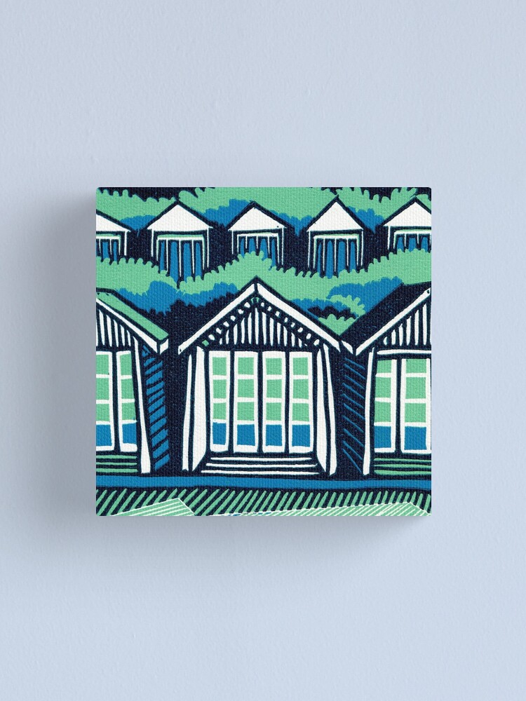 Alternate view of Beach Huts - Blue and Turquoise - Original Linocut by Francesca Whetnall Canvas Print