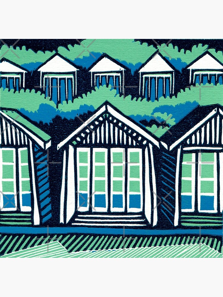 Beach Huts - Blue and Turquoise - Original Linocut by Francesca Whetnall by Cecca-Designs