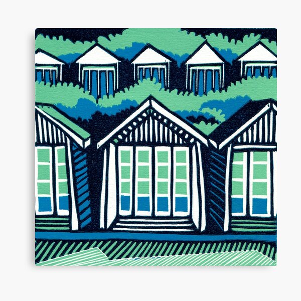 Beach Huts - Blue and Turquoise - Original Linocut by Francesca Whetnall Canvas Print