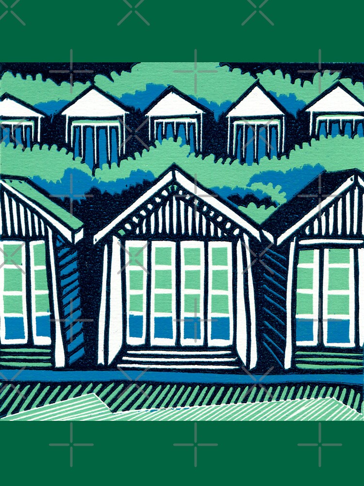 Beach Huts - Blue and Turquoise - Original Linocut by Francesca Whetnall by Cecca-Designs