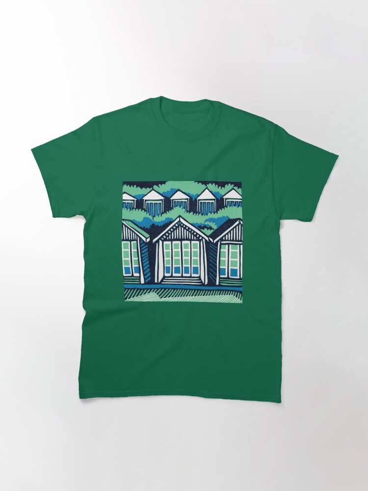 Alternate view of Beach Huts - Blue and Turquoise - Original Linocut by Francesca Whetnall Classic T-Shirt