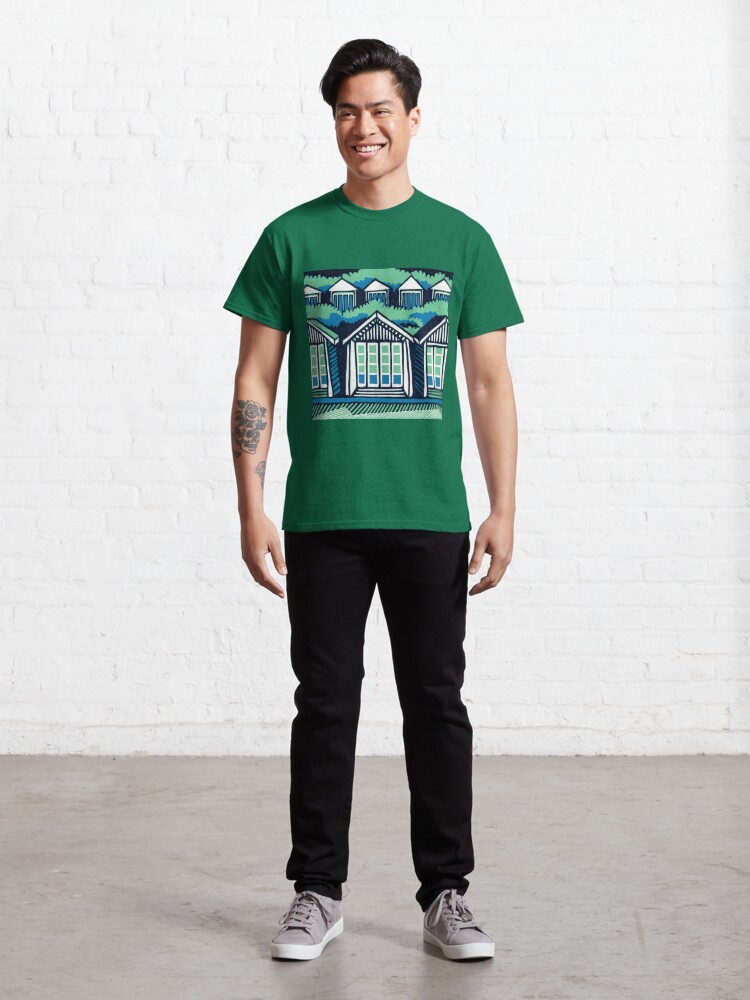 Alternate view of Beach Huts - Blue and Turquoise - Original Linocut by Francesca Whetnall Classic T-Shirt