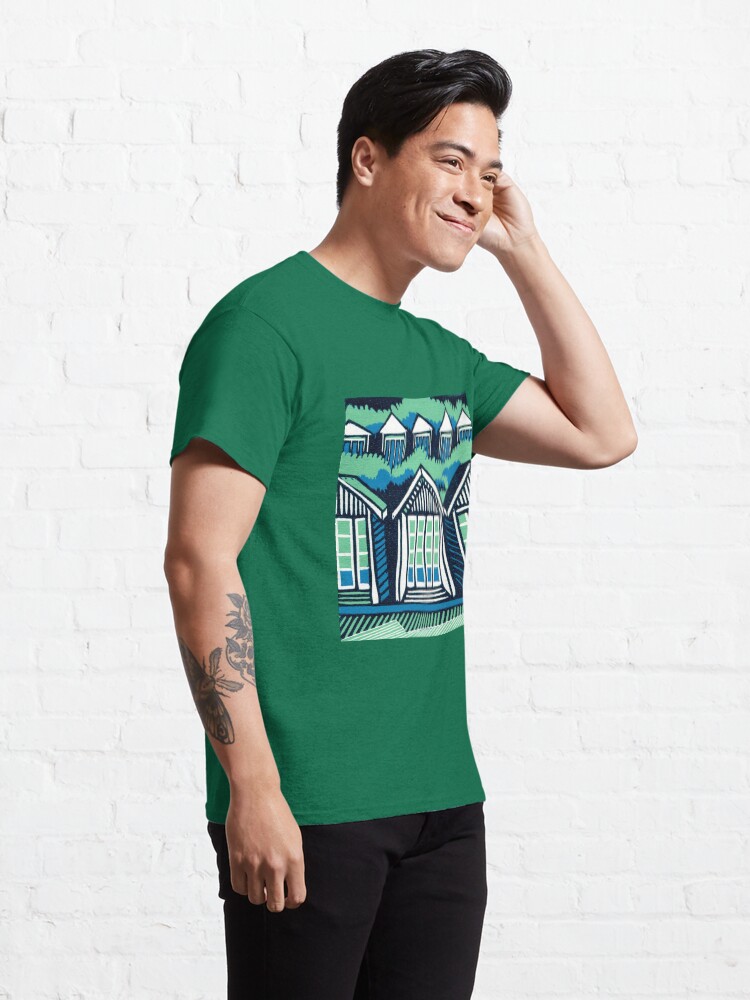 Alternate view of Beach Huts - Blue and Turquoise - Original Linocut by Francesca Whetnall Classic T-Shirt