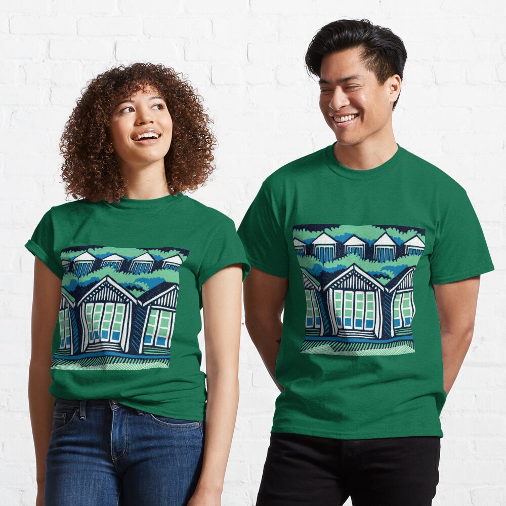 Beach Huts - Blue and Turquoise - Original Linocut by Francesca Whetnall Classic T-Shirt