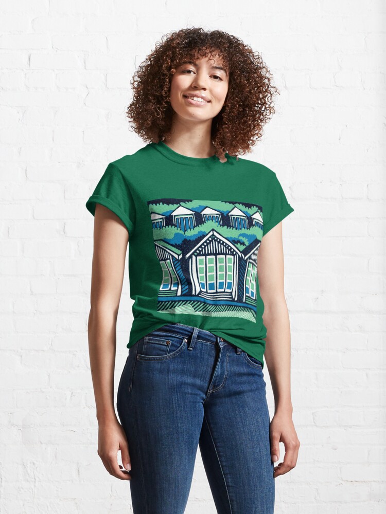 Alternate view of Beach Huts - Blue and Turquoise - Original Linocut by Francesca Whetnall Classic T-Shirt