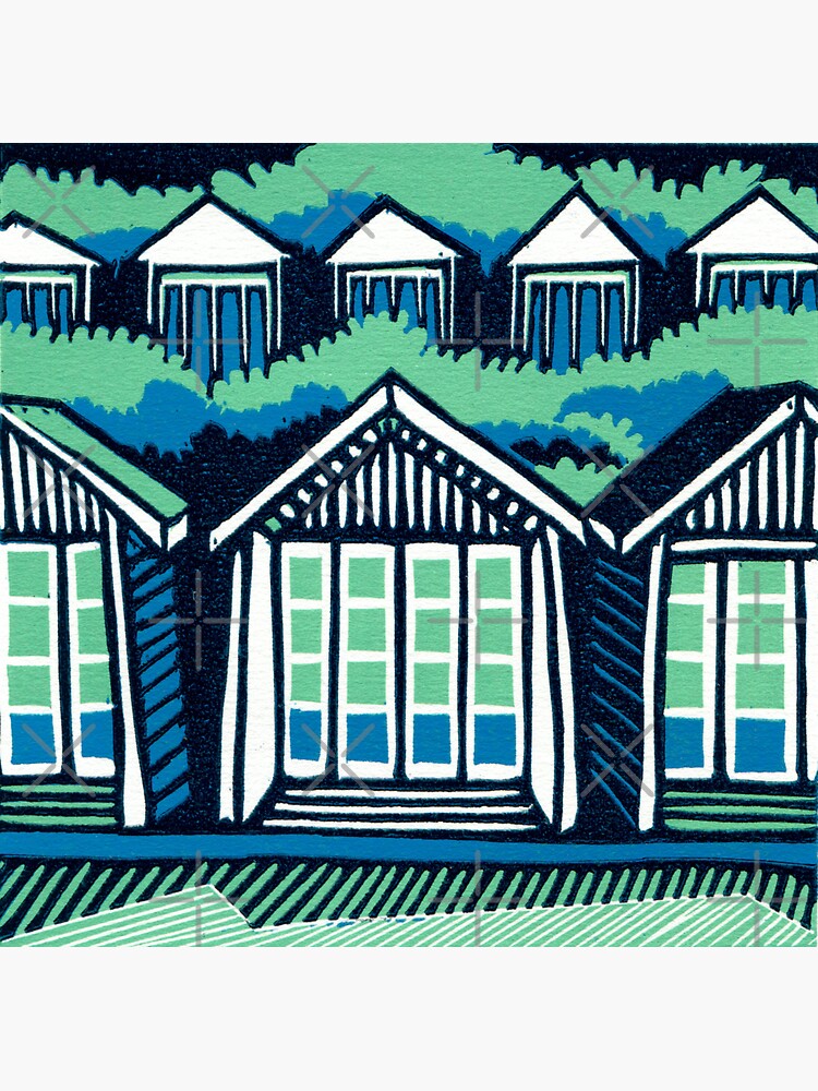 Beach Huts - Blue and Turquoise - Original Linocut by Francesca Whetnall by Cecca-Designs