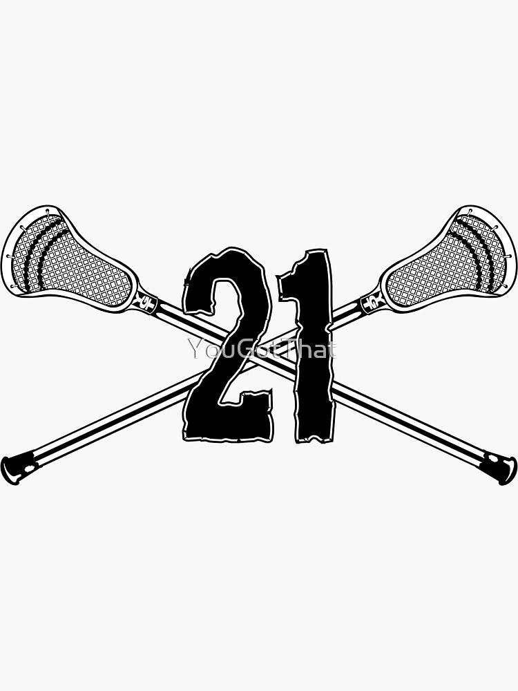"Lacrosse number 21 over crossed lax sticks" Sticker for Sale by
