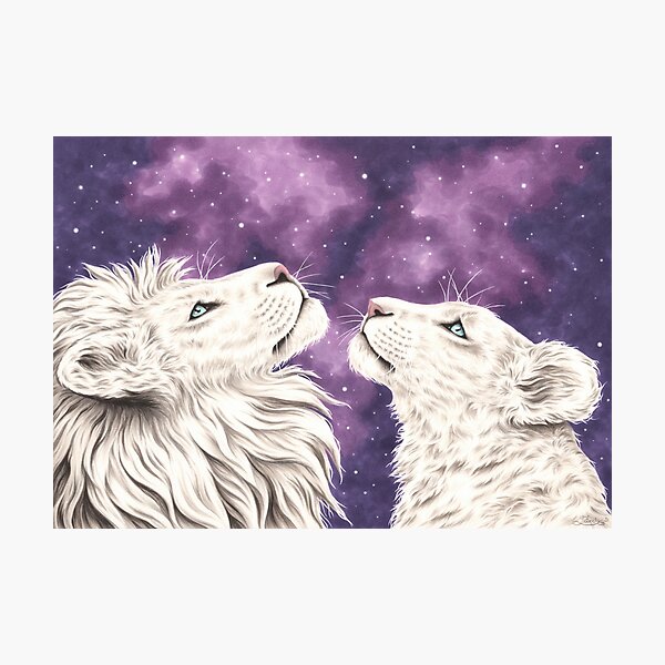 Impression photo « Stargazers Galaxy White Lion Couple Love Soulmates »,  par ZindyZone | Redbubble