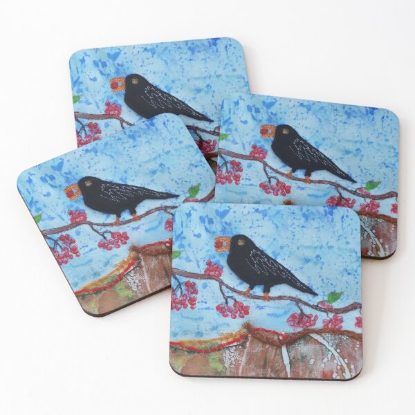 Item preview, Blackbird with Berries, Freestyle Machine Embroidery on Hand-printed Fabric designed and sold by Kriscraft.