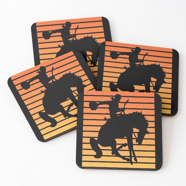 Cowboy Western Rodeo Vintage Horse Bucking Riding Low Profile Cork Coaster Set 