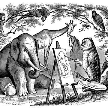 Aperçu de l'œuvre Vintage hibou peinture éléphant avec singe cheval girafe et oiseaux Illustration rétro des années 1800 Image en noir et blanc de SilverSpiral