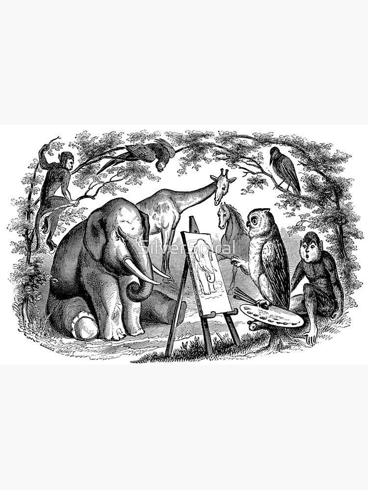 Aperçu 2 sur 2. Housse d'ordinateur avec l'œuvre Vintage hibou peinture éléphant avec singe cheval girafe et oiseaux Illustration rétro des années 1800 Image en noir et blanc créée et vendue par SilverSpiral.