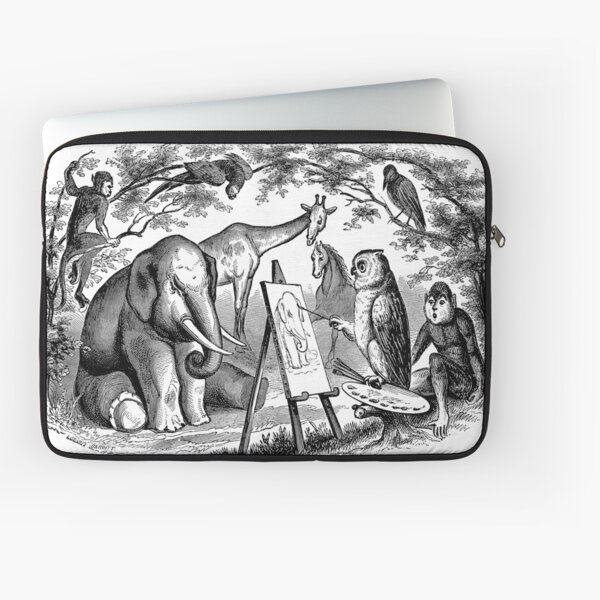 Aperçu de l'œuvre Vintage hibou peinture éléphant avec singe cheval girafe et oiseaux Illustration rétro des années 1800 Image en noir et blanc créée et vendue par SilverSpiral.