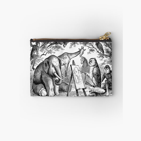 Item preview, Vintage Owl Painting Elephant with Monkey Giraffe Horse and Birds Illustration Retro 1800s Black and White Image designed and sold by SilverSpiral.