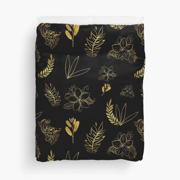 Black and gold and white, Elegant aesthetic gold flowers and leaves on black background fancy, gold black and white Duvet Cover