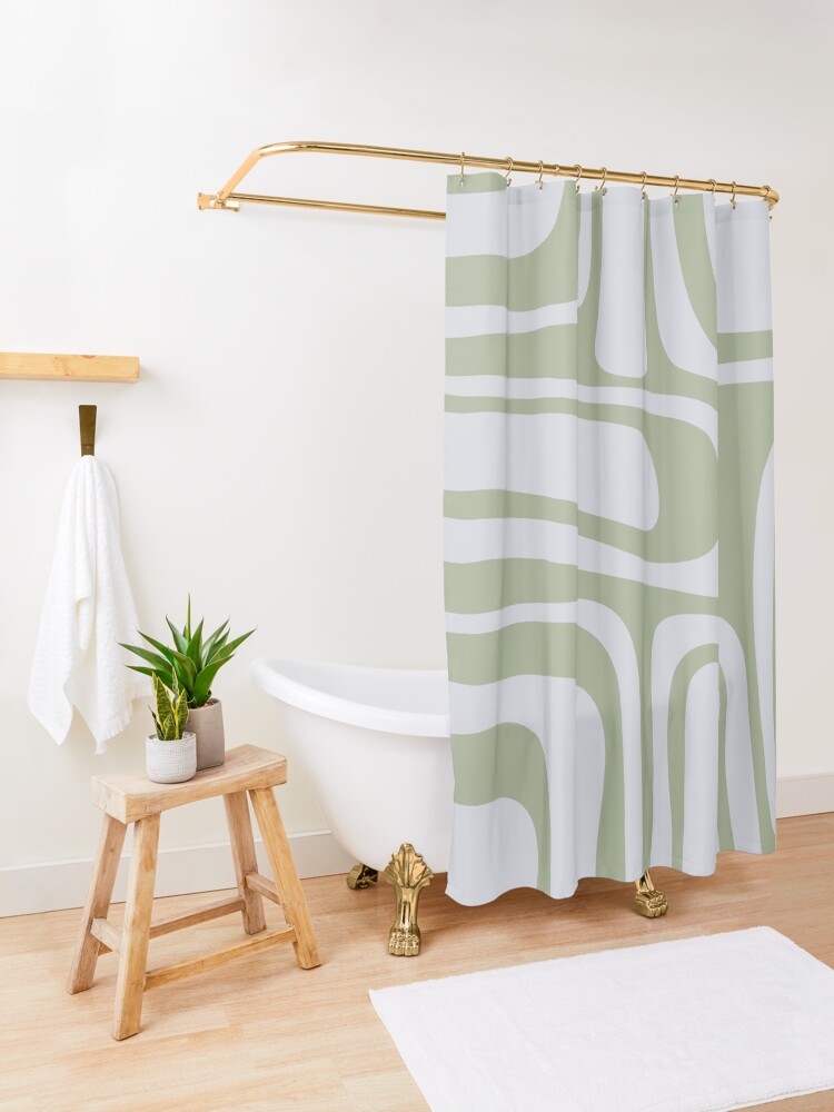 Alternate view of Palm Springs Midcentury Modern Abstract Pattern in Sage Green and Pale Silver Grey Shower Curtain