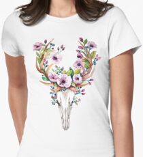 Boho watercolour skull with purple flower crown Women's Fitted T-Shirt
