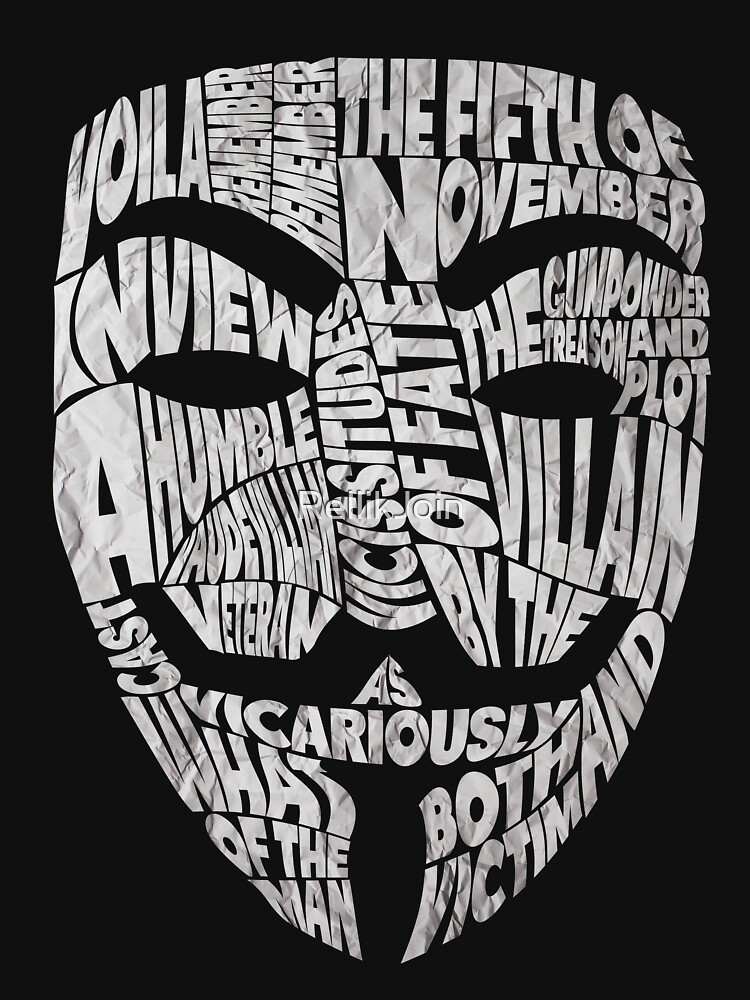 "V For Vendetta Guy Fawkes Masks Typography" Tshirt for Sale by