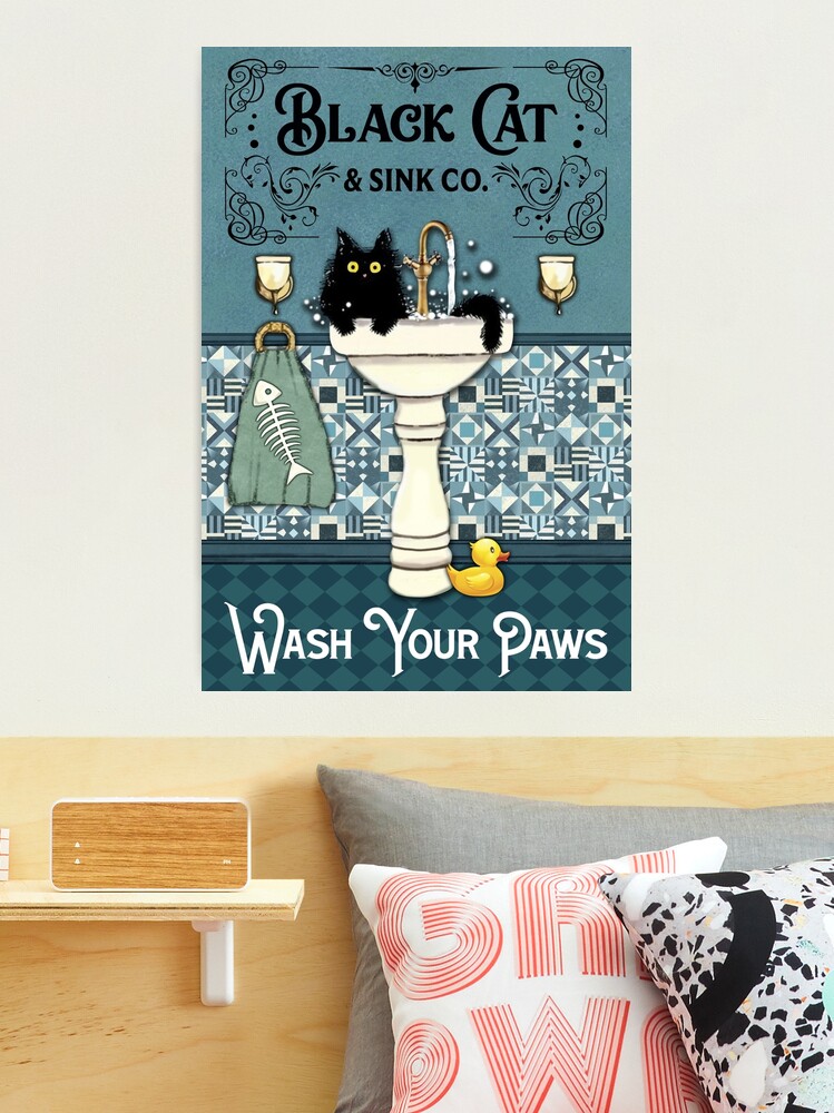 Black Cat and Sink CO Wash Your Paws Poster, Bathroom Decor, Wall Art Decor,  Black Cat Poster, Funny Bathroom Poster No Frame Canvas 