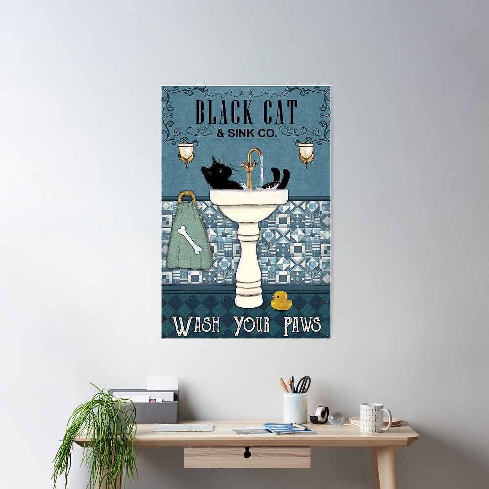 Black Cat and Sink CO Wash Your Paws Poster, Bathroom Decor, Wall Art Decor,  Black Cat Poster, Funny Bathroom Poster No Frame Canvas 