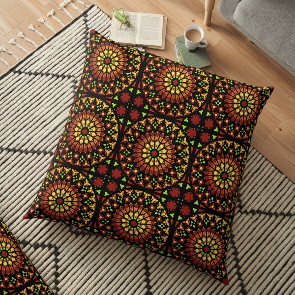 Autumn Floral Stained Glass Window Design Floor Pillow